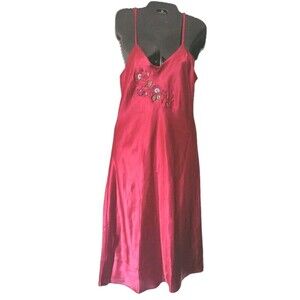 Dentelle Vintage Satin Slip Dress Gown Size Small Red Floral Embroidered 70s 80s
